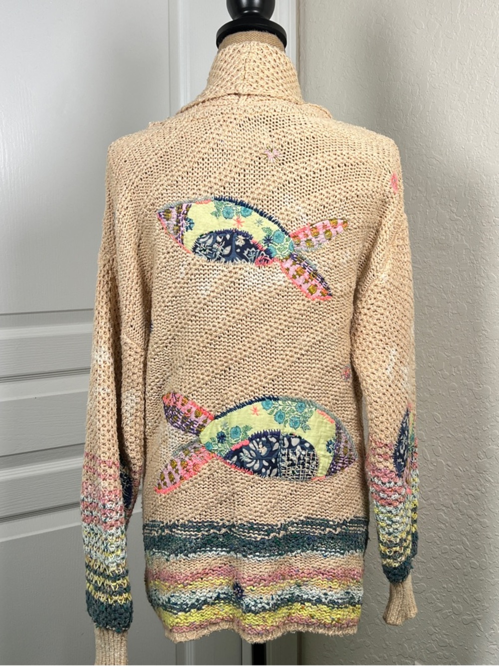 Beige Shawl Collar Knit Cardigan with Multicolor Trim
